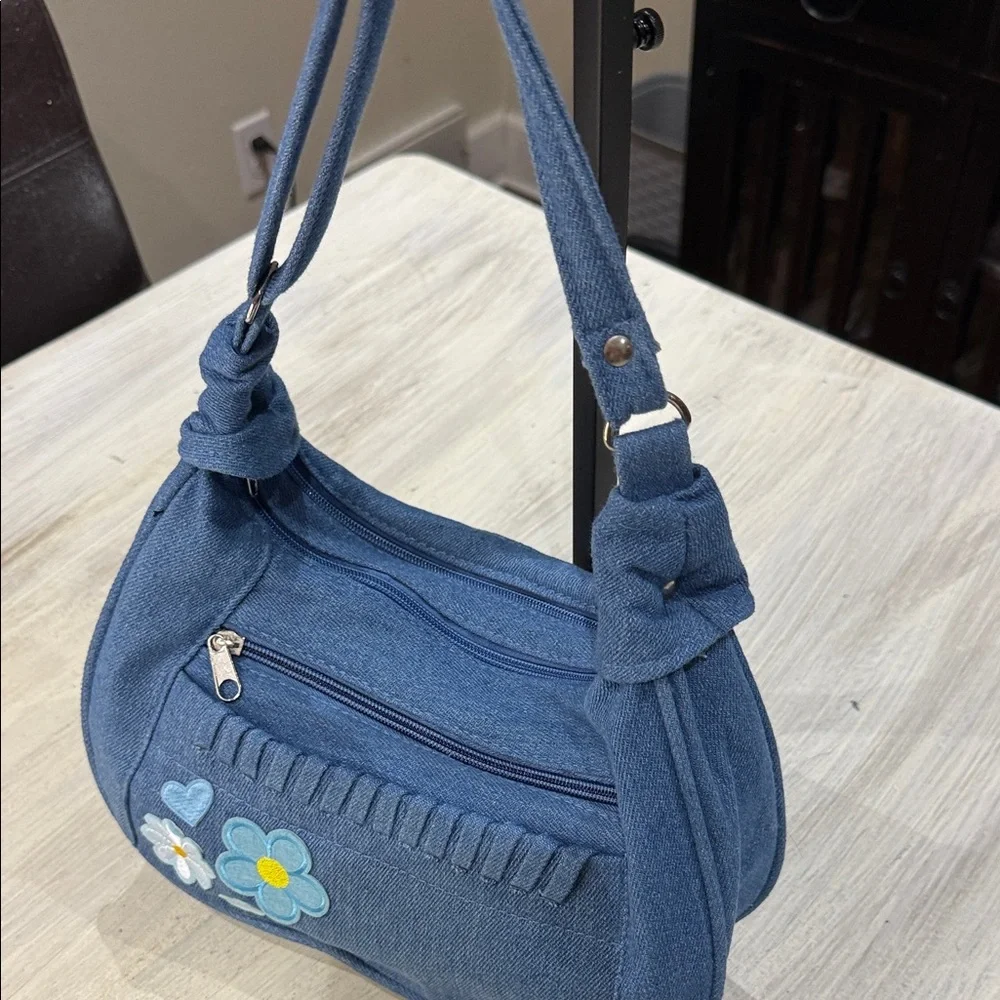 Chic Blue Denim Hobo Bag with Floral Accents